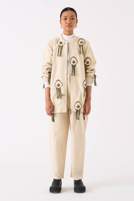 Shop_Three_Ivory Handloom Cotton Embroidery Fringe Mandarin Collar Bloom Bomber Jacket _Online_at_Aza_Fashions