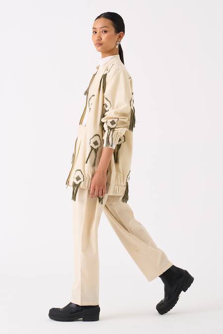 Buy_Three_Ivory Handloom Cotton Embroidery Fringe Mandarin Collar Bloom Bomber Jacket 