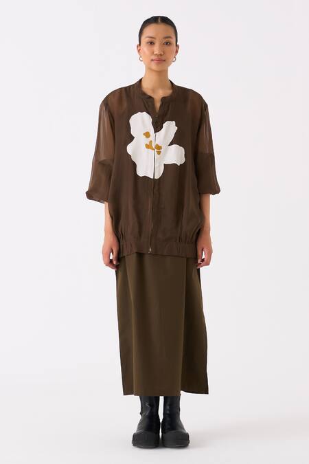 Three_Green Organza Applique Floret Mandarin Collar Bomber Jacket _Online_at_Aza_Fashions