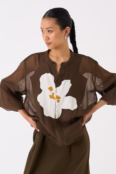 Shop_Three_Green Organza Applique Floret Mandarin Collar Bomber Jacket _Online_at_Aza_Fashions