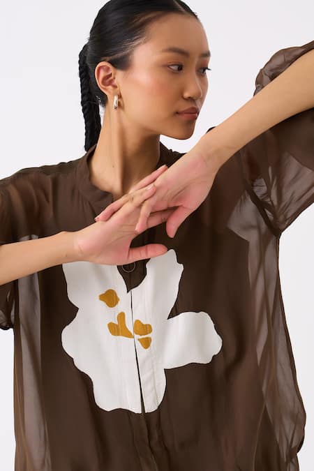 Three_Green Organza Applique Floret Mandarin Collar Bomber Jacket _at_Aza_Fashions