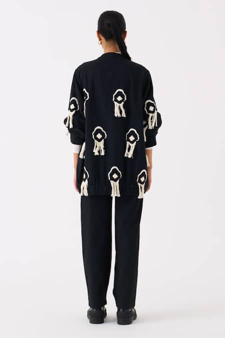 Shop Three Black Handloom Cotton Embroidery Fringe Mandarin Collar Blossom Bomber Jacket at Aza Fashions Shop_Three_Black Handloom Cotton Embroidery Fringe Mandarin Collar Blossom Bomber Jacket _at_Aza_Fashions