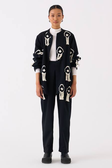 Three Black Handloom Cotton Embroidery Fringe Mandarin Collar Blossom Bomber Jacket Online at Aza Fashions Three_Black Handloom Cotton Embroidery Fringe Mandarin Collar Blossom Bomber Jacket _Online_at_Aza_Fashions