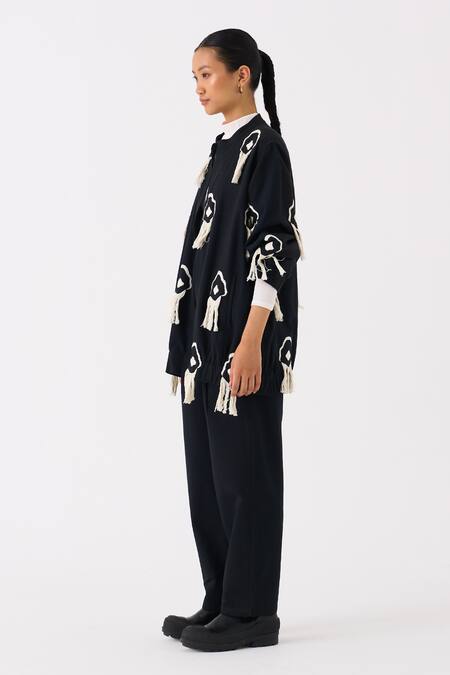 Buy Three Black Handloom Cotton Embroidery Fringe Mandarin Collar Blossom Bomber Jacket Online at Aza Fashions Buy_Three_Black Handloom Cotton Embroidery Fringe Mandarin Collar Blossom Bomber Jacket _Online_at_Aza_Fashions