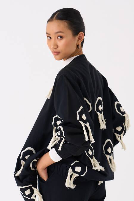 Shop Three Black Handloom Cotton Embroidery Fringe Mandarin Collar Blossom Bomber Jacket Online at Aza Fashions Shop_Three_Black Handloom Cotton Embroidery Fringe Mandarin Collar Blossom Bomber Jacket _Online_at_Aza_Fashions