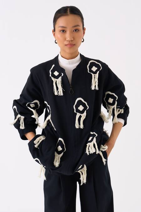 Three Black Handloom Cotton Embroidery Fringe Mandarin Collar Blossom Bomber Jacket at Aza Fashions Three_Black Handloom Cotton Embroidery Fringe Mandarin Collar Blossom Bomber Jacket _at_Aza_Fashions