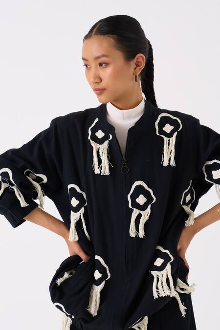 Buy Three Black Handloom Cotton Embroidery Fringe Mandarin Collar Blossom Bomber Jacket Buy_Three_Black Handloom Cotton Embroidery Fringe Mandarin Collar Blossom Bomber Jacket