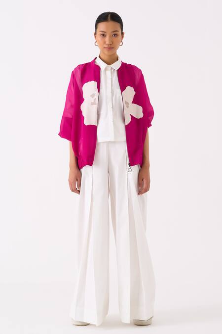 Shop Three Pink Jacket Organza Applique Floral Round Collar And Pant Set at Aza Fashions Shop_Three_Pink Jacket Organza Applique Floral Round Collar And Pant Set _at_Aza_Fashions