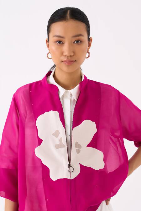 Buy Three Pink Jacket Organza Applique Floral Round Collar And Pant Set Buy_Three_Pink Jacket Organza Applique Floral Round Collar And Pant Set