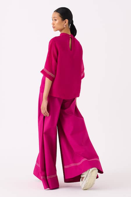 Three Pink Top Organza Print Floral Round Collar With Pant Online at Aza Fashions Three_Pink Top Organza Print Floral Round Collar With Pant _Online_at_Aza_Fashions