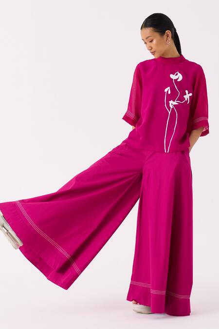 Three Pink Top Organza Print Floral Round Collar With Pant at Aza Fashions Three_Pink Top Organza Print Floral Round Collar With Pant _at_Aza_Fashions