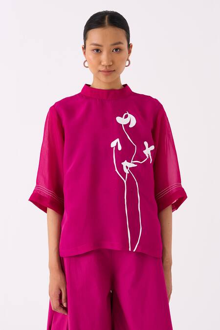 Buy Three Pink Top Organza Print Floral Round Collar With Pant Buy_Three_Pink Top Organza Print Floral Round Collar With Pant