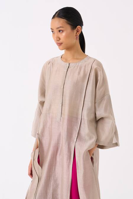 Buy Three Grey Tunic Chanderi Placement Embroidery Floral Round Neck Panelled With Pant Buy_Three_Grey Tunic Chanderi Placement Embroidery Floral Round Neck Panelled With Pant