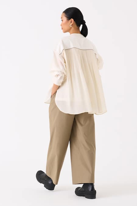 Shop Three Ivory Top Chanderi Plain Round Collar Pintuck Structured With Pant at Aza Fashions Shop_Three_Ivory Top Chanderi Plain Round Collar Pintuck Structured With Pant _at_Aza_Fashions