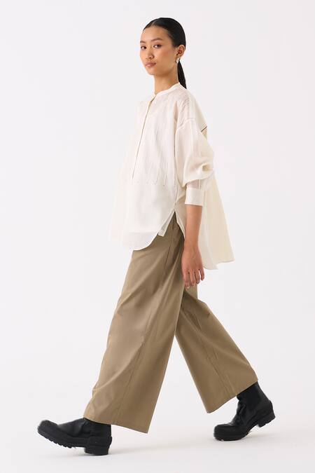 Shop Three Ivory Top Chanderi Plain Round Collar Pintuck Structured With Pant Online at Aza Fashions Shop_Three_Ivory Top Chanderi Plain Round Collar Pintuck Structured With Pant _Online_at_Aza_Fashions