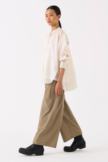 Three Ivory Top Chanderi Plain Round Collar Pintuck Structured With Pant at Aza Fashions Three_Ivory Top Chanderi Plain Round Collar Pintuck Structured With Pant _at_Aza_Fashions