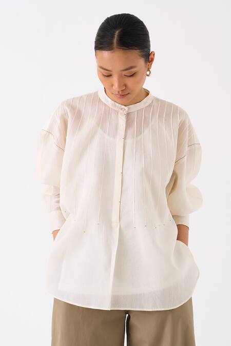 Buy Three Ivory Top Chanderi Plain Round Collar Pintuck Structured With Pant Buy_Three_Ivory Top Chanderi Plain Round Collar Pintuck Structured With Pant