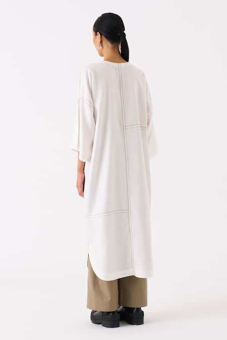 Three_Ivory Tunic Tencel Placement Embroidery Abstract Round Patch Pocket With Pant _Online_at_Aza_Fashions