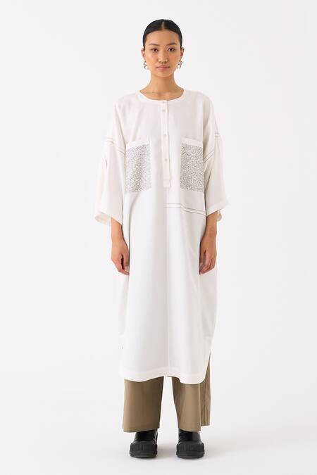 Shop_Three_Ivory Tunic Tencel Placement Embroidery Abstract Round Patch Pocket With Pant _Online_at_Aza_Fashions