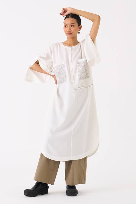 Three_Ivory Tunic Tencel Placement Embroidery Abstract Round Patch Pocket With Pant _at_Aza_Fashions
