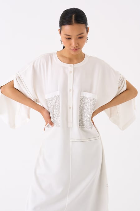 Buy_Three_Ivory Tunic Tencel Placement Embroidery Abstract Round Patch Pocket With Pant 