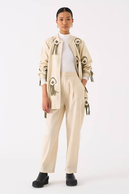 THREE Floral Fringe Embroidered Jacket With Pant 