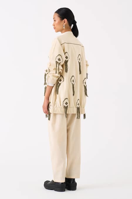 Shop_Three_Ivory Handloom Cotton Embroidery Fringes Front Open Floral Jacket With Pant _at_Aza_Fashions