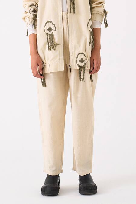 Three_Ivory Handloom Cotton Embroidery Fringes Front Open Floral Jacket With Pant _Online_at_Aza_Fashions