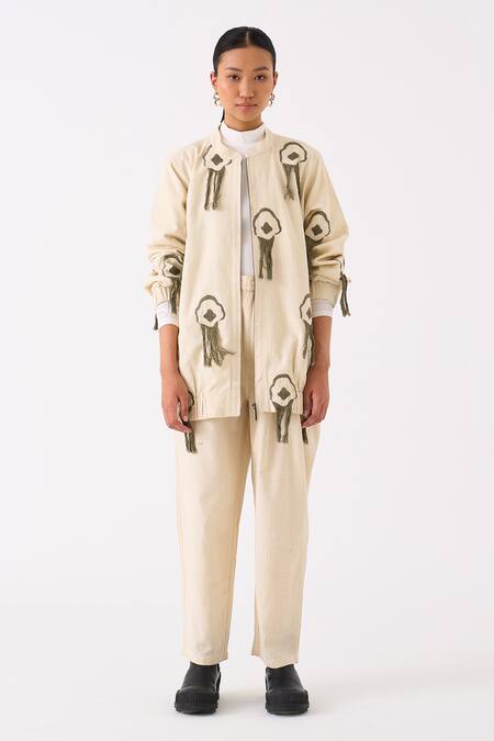 Buy_Three_Ivory Handloom Cotton Embroidery Fringes Front Open Floral Jacket With Pant _Online_at_Aza_Fashions