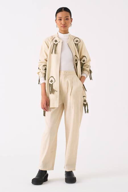 Shop_Three_Ivory Handloom Cotton Embroidery Fringes Front Open Floral Jacket With Pant _Online_at_Aza_Fashions