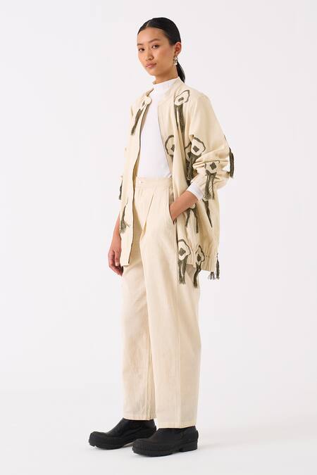 Three_Ivory Handloom Cotton Embroidery Fringes Front Open Floral Jacket With Pant _at_Aza_Fashions