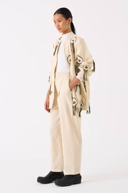 Buy_Three_Ivory Handloom Cotton Embroidery Fringes Front Open Floral Jacket With Pant 