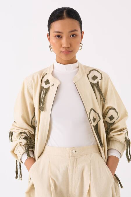 Shop_Three_Ivory Handloom Cotton Embroidery Fringes Front Open Floral Jacket With Pant 