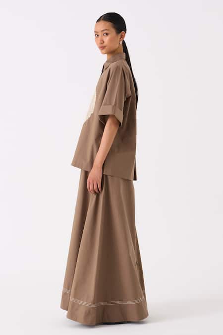 Shop Three Brown Shirt Poplin Embroidery Circle Collar Neck With Wide Legged Pant at Aza Fashions Shop_Three_Brown Shirt Poplin Embroidery Circle Collar Neck With Wide Legged Pant _at_Aza_Fashions