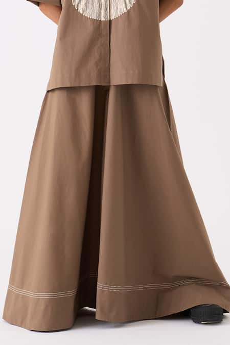 Three Brown Shirt Poplin Embroidery Circle Collar Neck With Wide Legged Pant Online at Aza Fashions Three_Brown Shirt Poplin Embroidery Circle Collar Neck With Wide Legged Pant _Online_at_Aza_Fashions