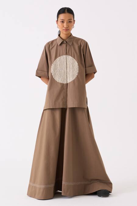 Buy Three Brown Shirt Poplin Embroidery Circle Collar Neck With Wide Legged Pant Online at Aza Fashions Buy_Three_Brown Shirt Poplin Embroidery Circle Collar Neck With Wide Legged Pant _Online_at_Aza_Fashions