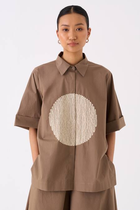 Three Brown Shirt Poplin Embroidery Circle Collar Neck With Wide Legged Pant at Aza Fashions Three_Brown Shirt Poplin Embroidery Circle Collar Neck With Wide Legged Pant _at_Aza_Fashions