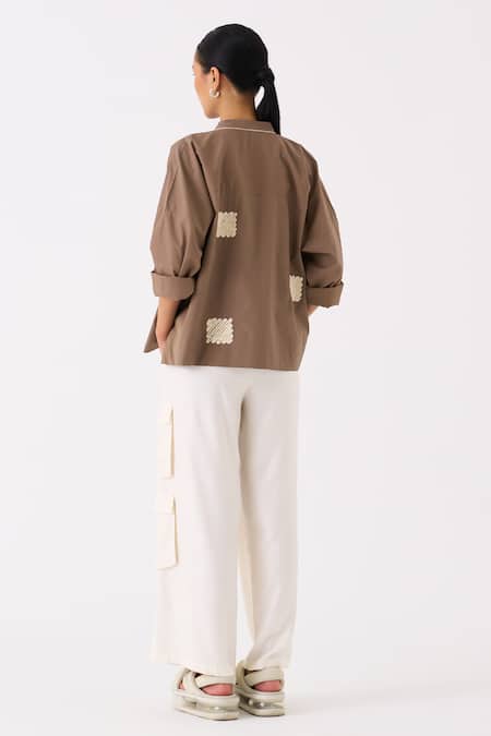 Shop_Three_Brown Top Poplin Embroidery Wave Round Collar With Pant _at_Aza_Fashions