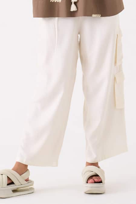 Three_Brown Top Poplin Embroidery Wave Round Collar With Pant _Online_at_Aza_Fashions