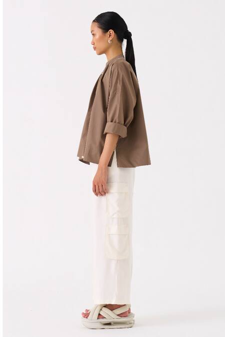 Buy_Three_Brown Top Poplin Embroidery Wave Round Collar With Pant _Online_at_Aza_Fashions
