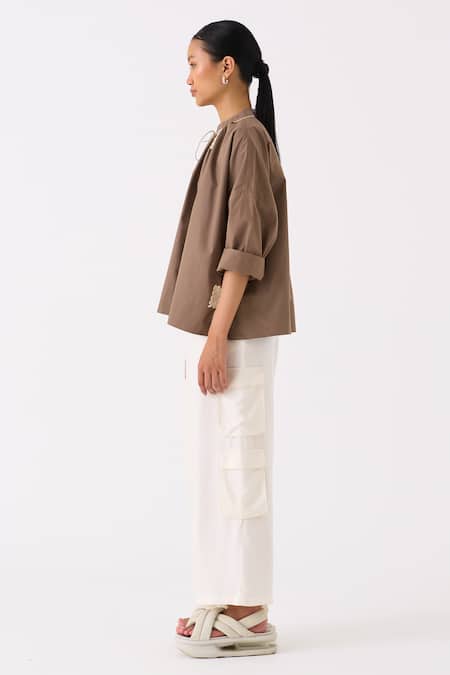 Shop_Three_Brown Top Poplin Embroidery Wave Round Collar With Pant _Online_at_Aza_Fashions