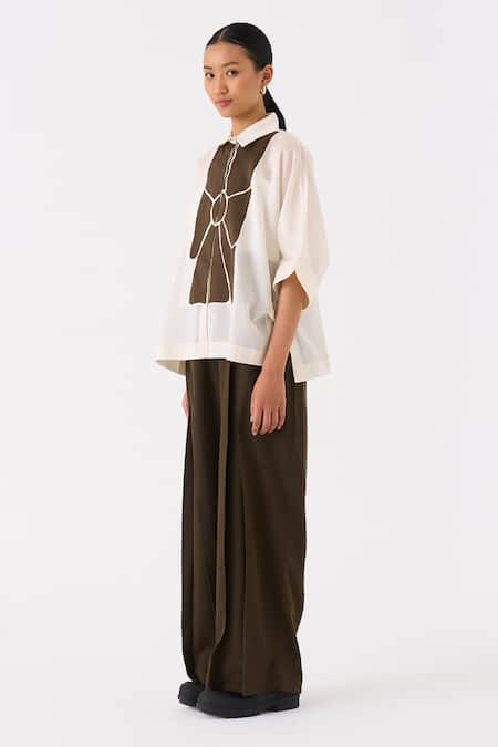 Shop_Three_Ivory Shirt Chanderi Applique Floral Collar Neck And Pant Set _Online_at_Aza_Fashions