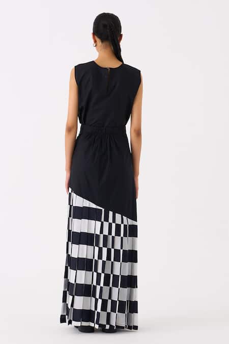 Shop Three Black Top Poplin Chequered Round Sleeveless With Pattern Skirt at Aza Fashions Shop_Three_Black Top Poplin Chequered Round Sleeveless With Pattern Skirt _at_Aza_Fashions
