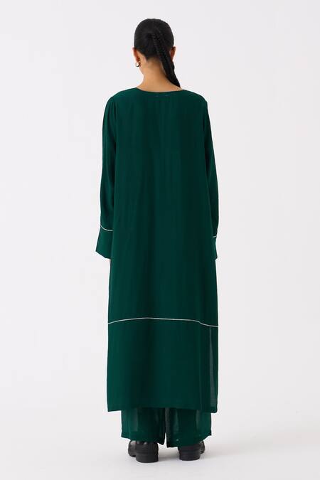 Shop_Three_Green Bemberg Plain V Neck Kaftan And Pant Set _at_Aza_Fashions