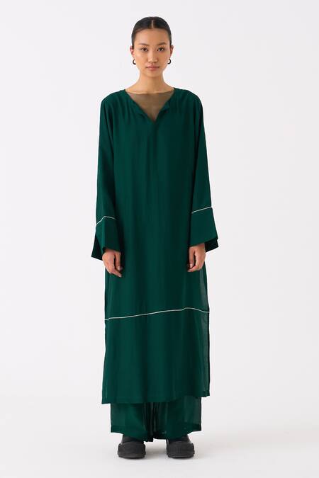 Three_Green Bemberg Plain V Neck Kaftan And Pant Set _Online_at_Aza_Fashions