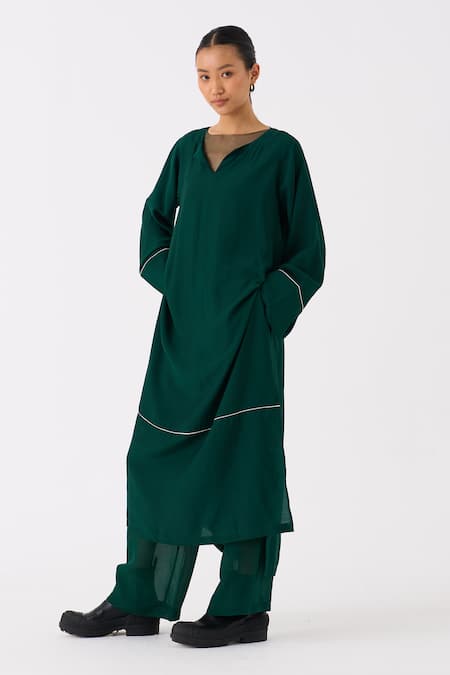 Shop_Three_Green Bemberg Plain V Neck Kaftan And Pant Set _Online_at_Aza_Fashions