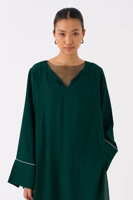 Buy_Three_Green Bemberg Plain V Neck Kaftan And Pant Set 