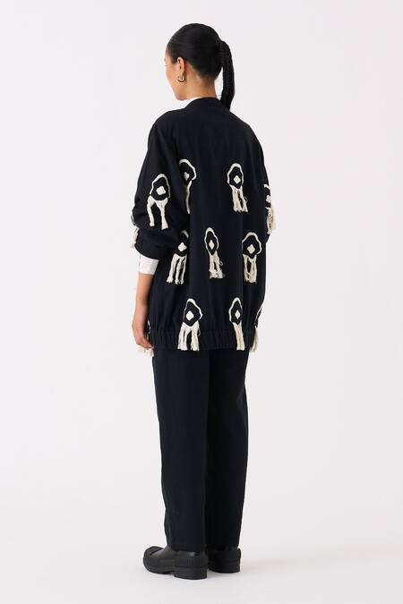 Shop Three Black Handloom Cotton Embroidery Fringes Open Neck Abstract Jacket With Pant at Aza Fashions Shop_Three_Black Handloom Cotton Embroidery Fringes Open Neck Abstract Jacket With Pant _at_Aza_Fashions