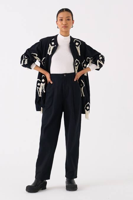 Three Black Handloom Cotton Embroidery Fringes Open Neck Abstract Jacket With Pant Online at Aza Fashions Three_Black Handloom Cotton Embroidery Fringes Open Neck Abstract Jacket With Pant _Online_at_Aza_Fashions