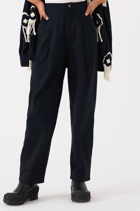 Buy Three Black Handloom Cotton Embroidery Fringes Open Neck Abstract Jacket With Pant Online at Aza Fashions Buy_Three_Black Handloom Cotton Embroidery Fringes Open Neck Abstract Jacket With Pant _Online_at_Aza_Fashions